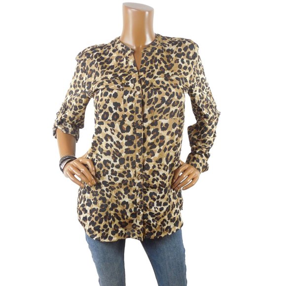 CHARTER CLUB Top M Leopard Print Button Down Blouse 3/4 Roll Tab Long Sleeves - Picture 1 of 9